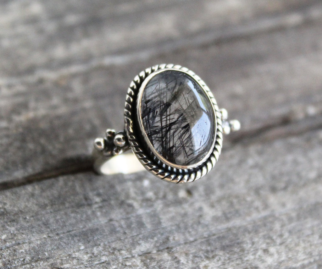 Black Rutile Quartz Ring, Oval Sterling Silver Gemstone Ring, Rutilated Quartz Ring, Handmade Gift for Her