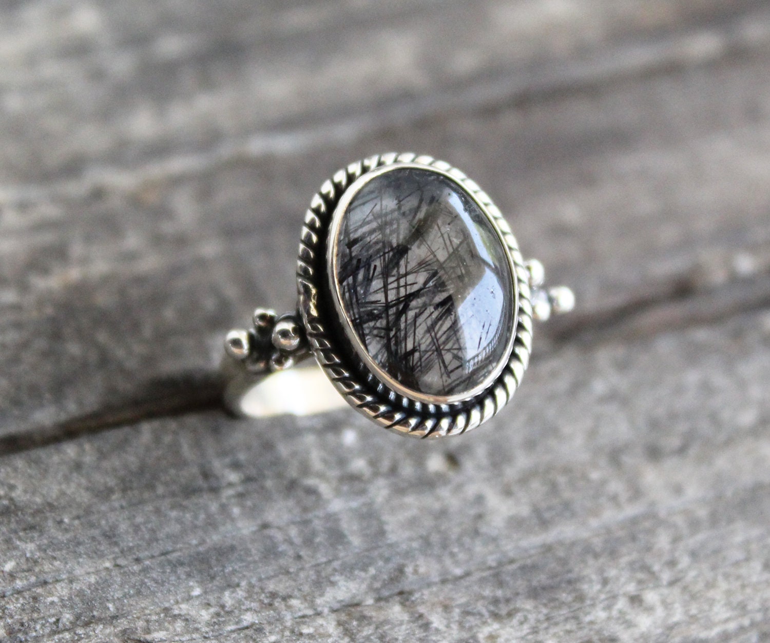 Black Rutile Quartz Ring, Oval Sterling Silver Gemstone Ring, Rutilated Quartz Ring, Handmade Gift for Her