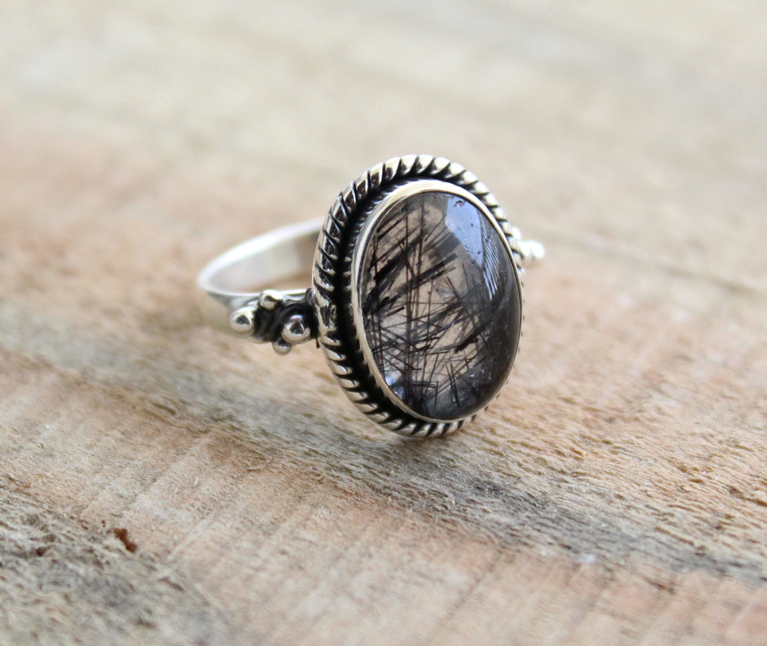 Black Rutile Quartz Ring, Oval Sterling Silver Gemstone Ring, Rutilated Quartz Ring, Handmade Gift for Her