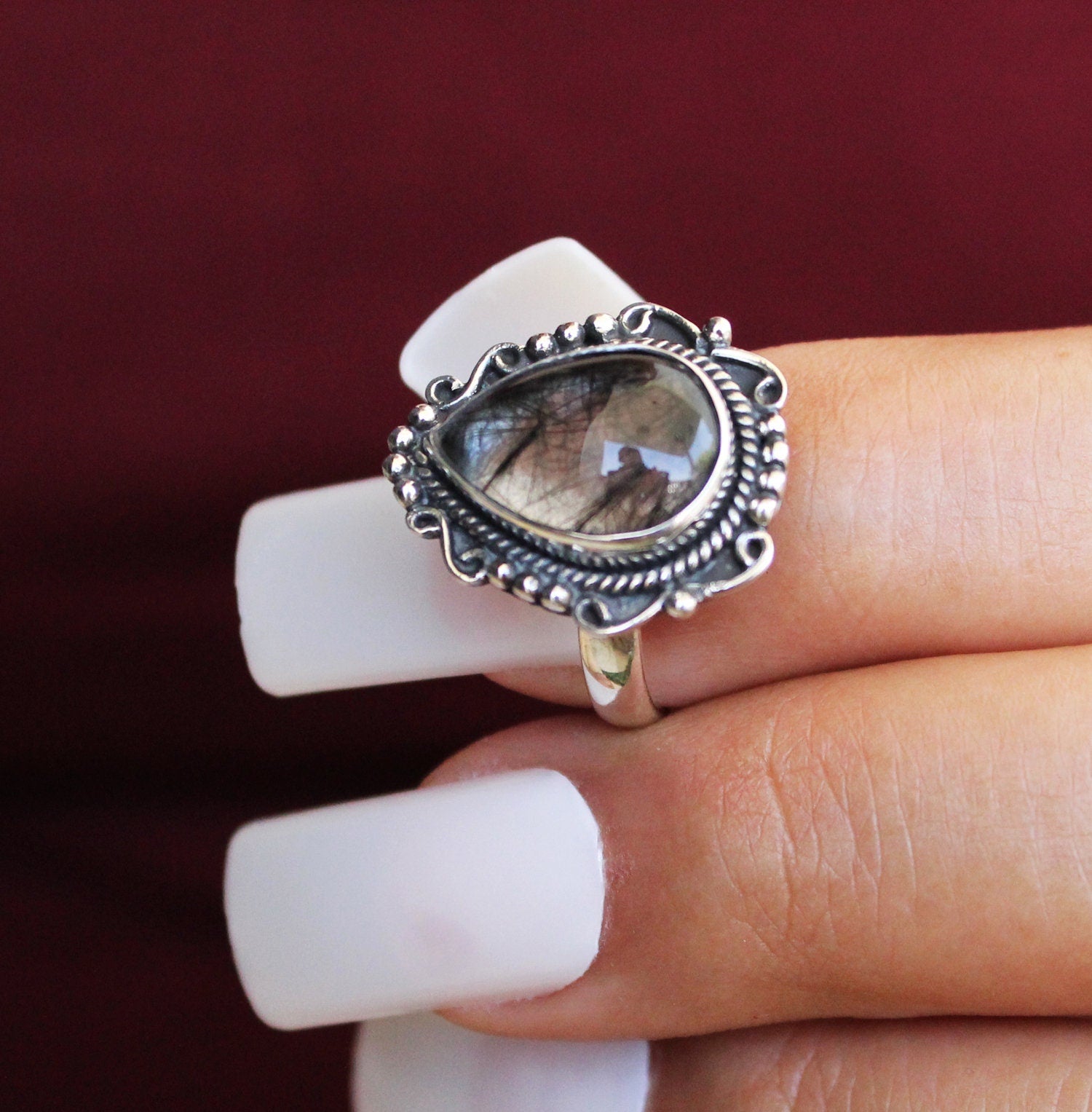 Sterling Silver Black Rutile Quartz Ring, Handmade Gemstone Jewelry, Tourmalated Black Rutile Quartz Ring 925 Sterling Silver Ring