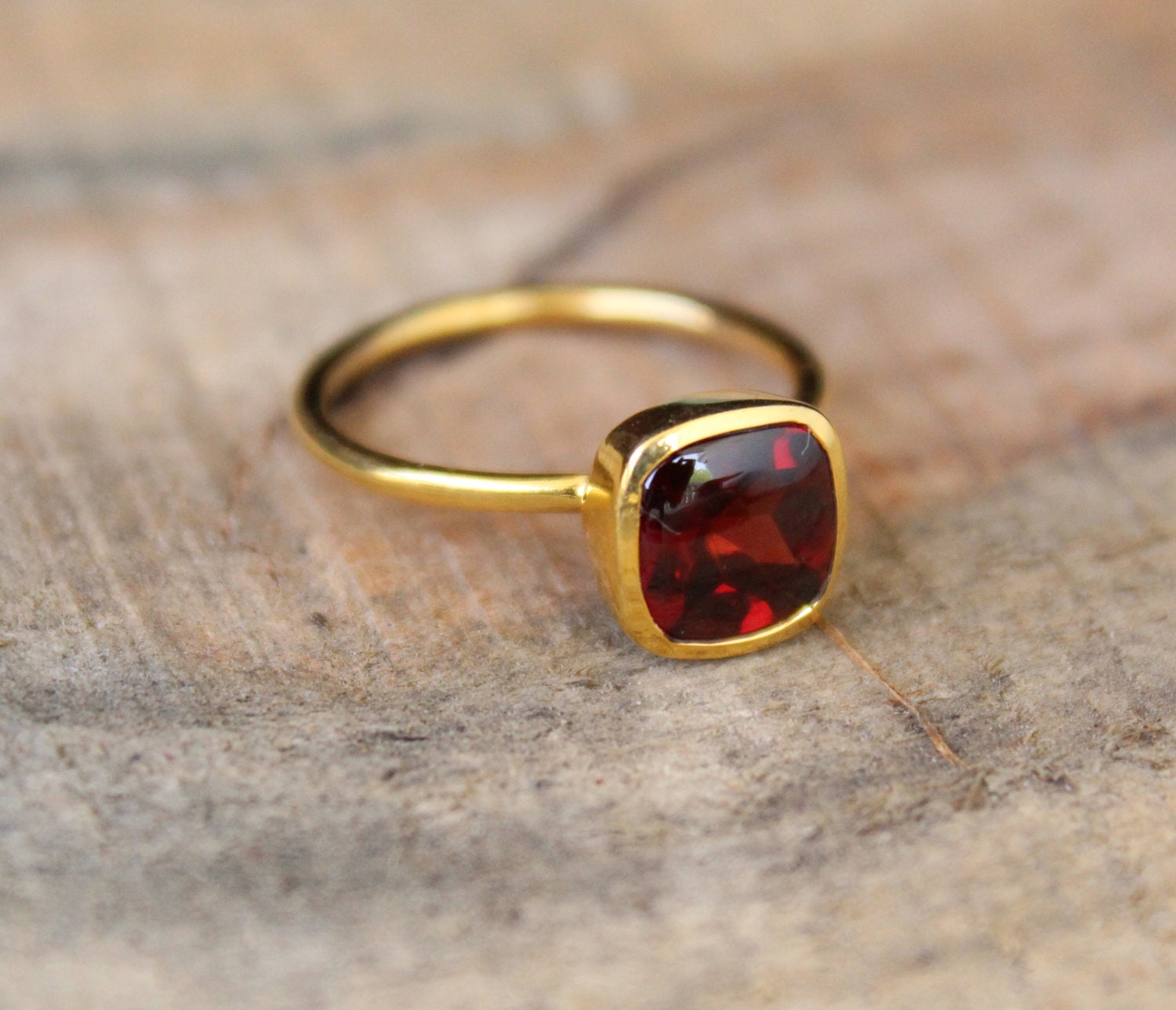 Handmade Cushion Garnet Ring, 18k Gold Plated Sterling Silver, Genuine Red Garnet Signet Ring, Garnet Gemstone Jewelry, Gift Ring