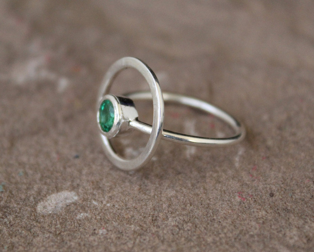 Natural Emerald Sterling Silver Ring, Modern May Birthstone Jewelry, emerald engagment ring