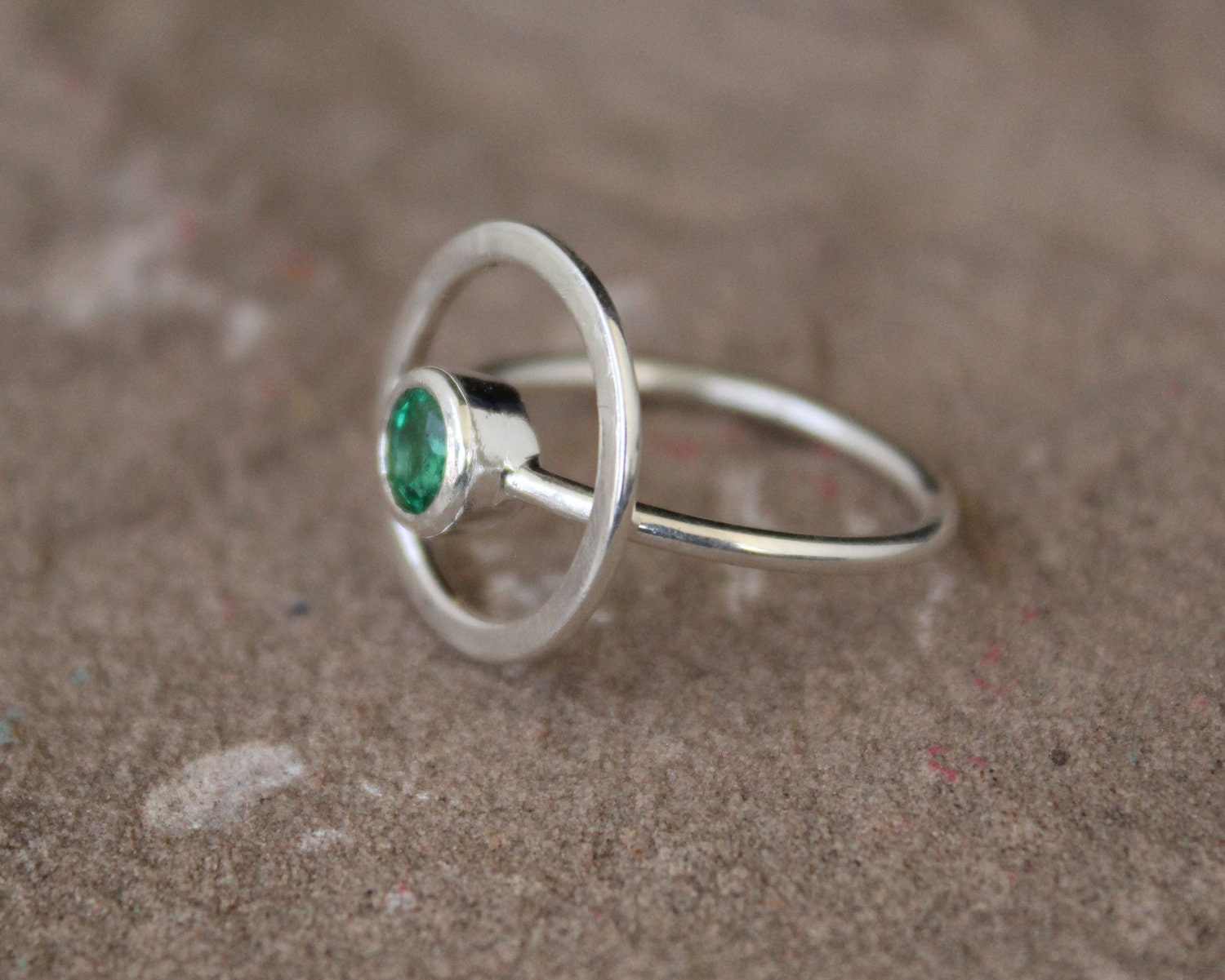 Natural Emerald Sterling Silver Ring, Modern May Birthstone Jewelry, emerald engagment ring