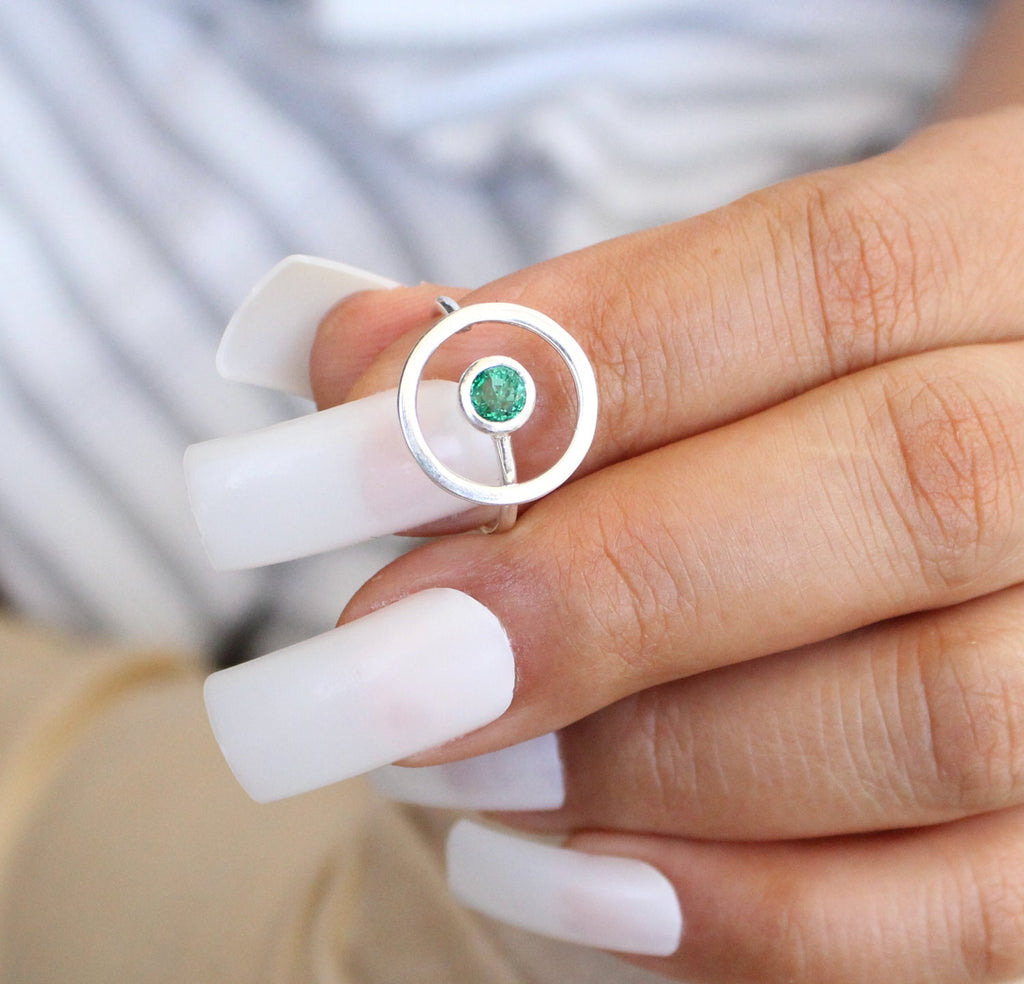 Natural Emerald Sterling Silver Ring, Modern May Birthstone Jewelry, emerald engagment ring