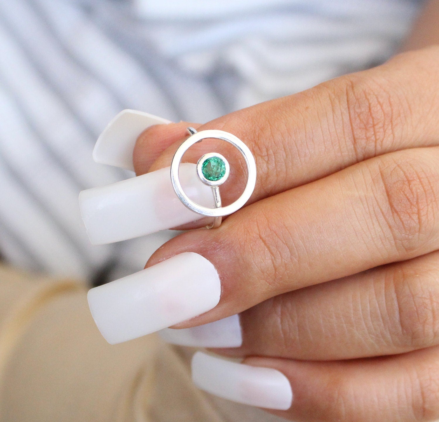 Natural Emerald Sterling Silver Ring, Modern May Birthstone Jewelry, emerald engagment ring