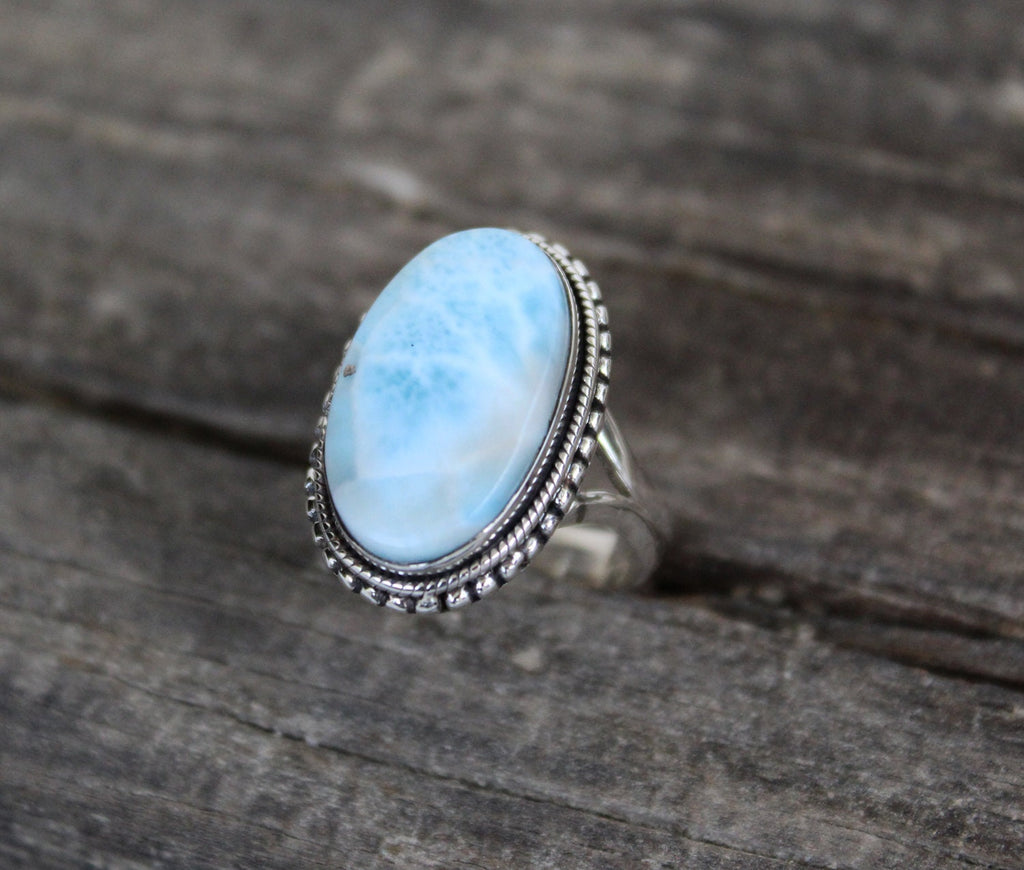Oval Larimar Ring: Sterling Silver Art Deco Gemstone Ring