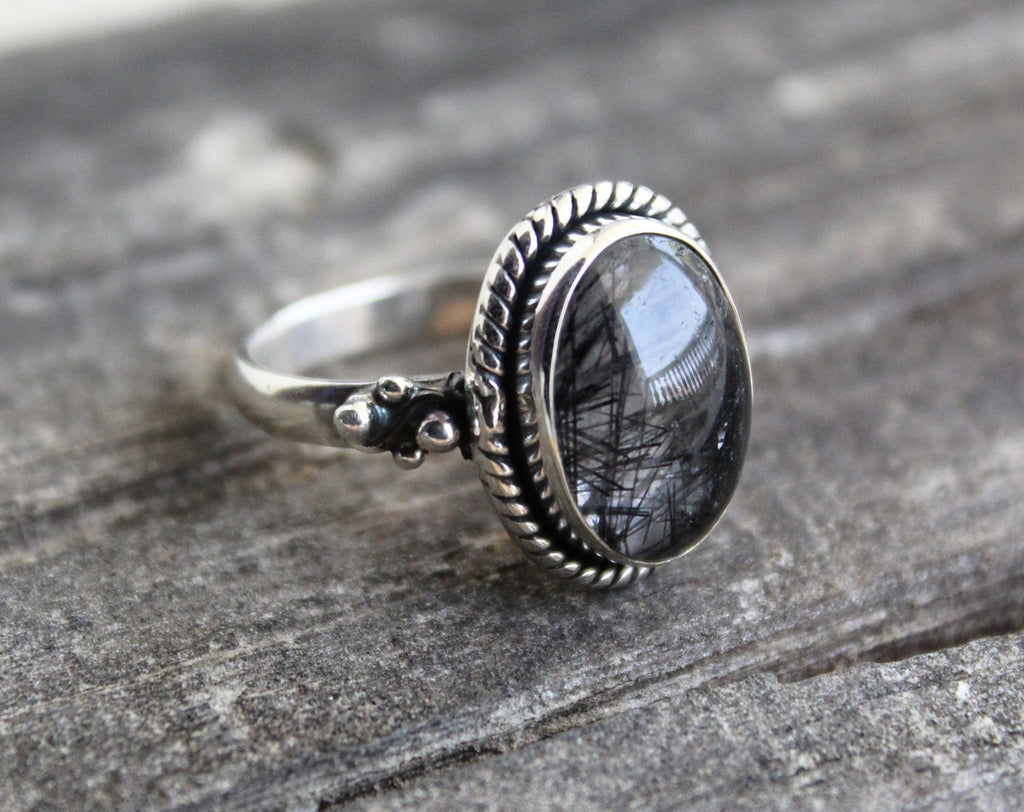 Black Rutile Quartz Ring, Oval Sterling Silver Gemstone Ring, Rutilated Quartz Ring, Handmade Gift for Her