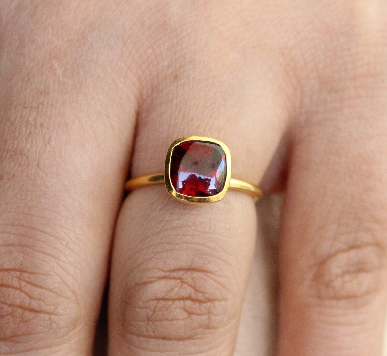 Handmade Cushion Garnet Ring, 18k Gold Plated Sterling Silver, Genuine Red Garnet Signet Ring, Garnet Gemstone Jewelry, Gift Ring