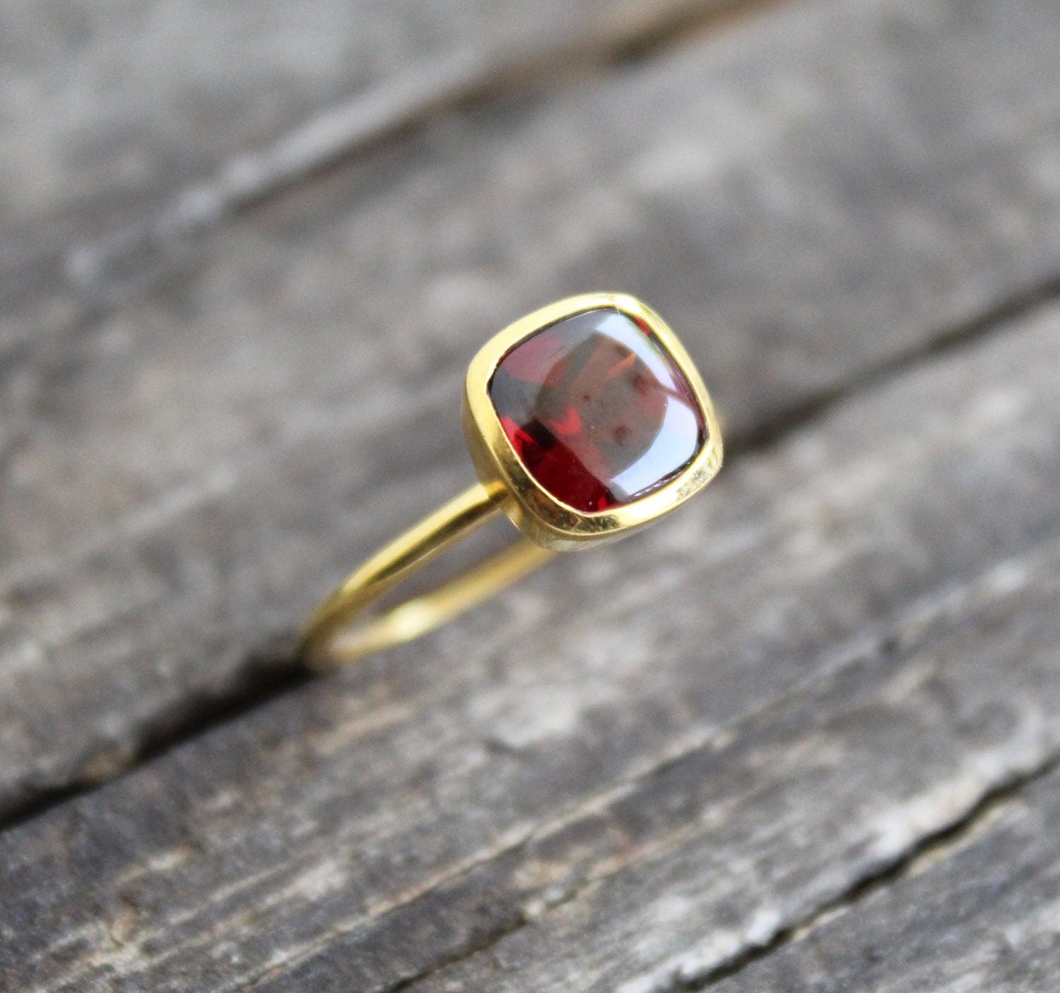 Handmade Cushion Garnet Ring, 18k Gold Plated Sterling Silver, Genuine Red Garnet Signet Ring, Garnet Gemstone Jewelry, Gift Ring