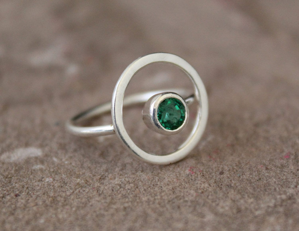 Natural Emerald Sterling Silver Ring, Modern May Birthstone Jewelry, emerald engagment ring