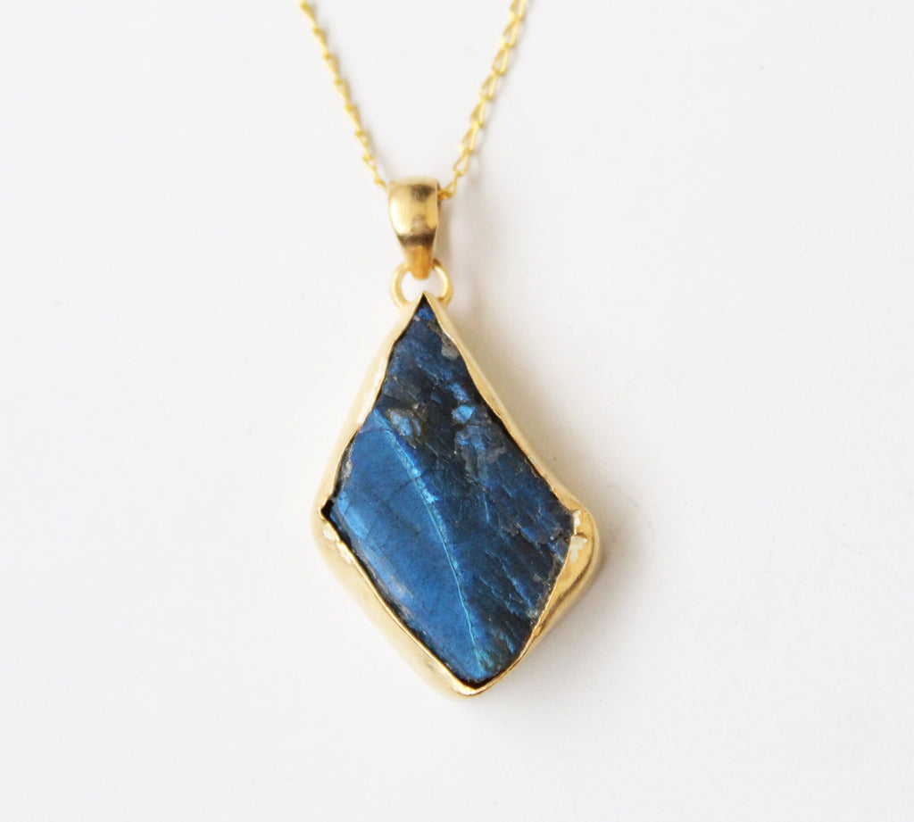 Raw Labradorite Pendant Necklace: Sterling Silver Framed Stone