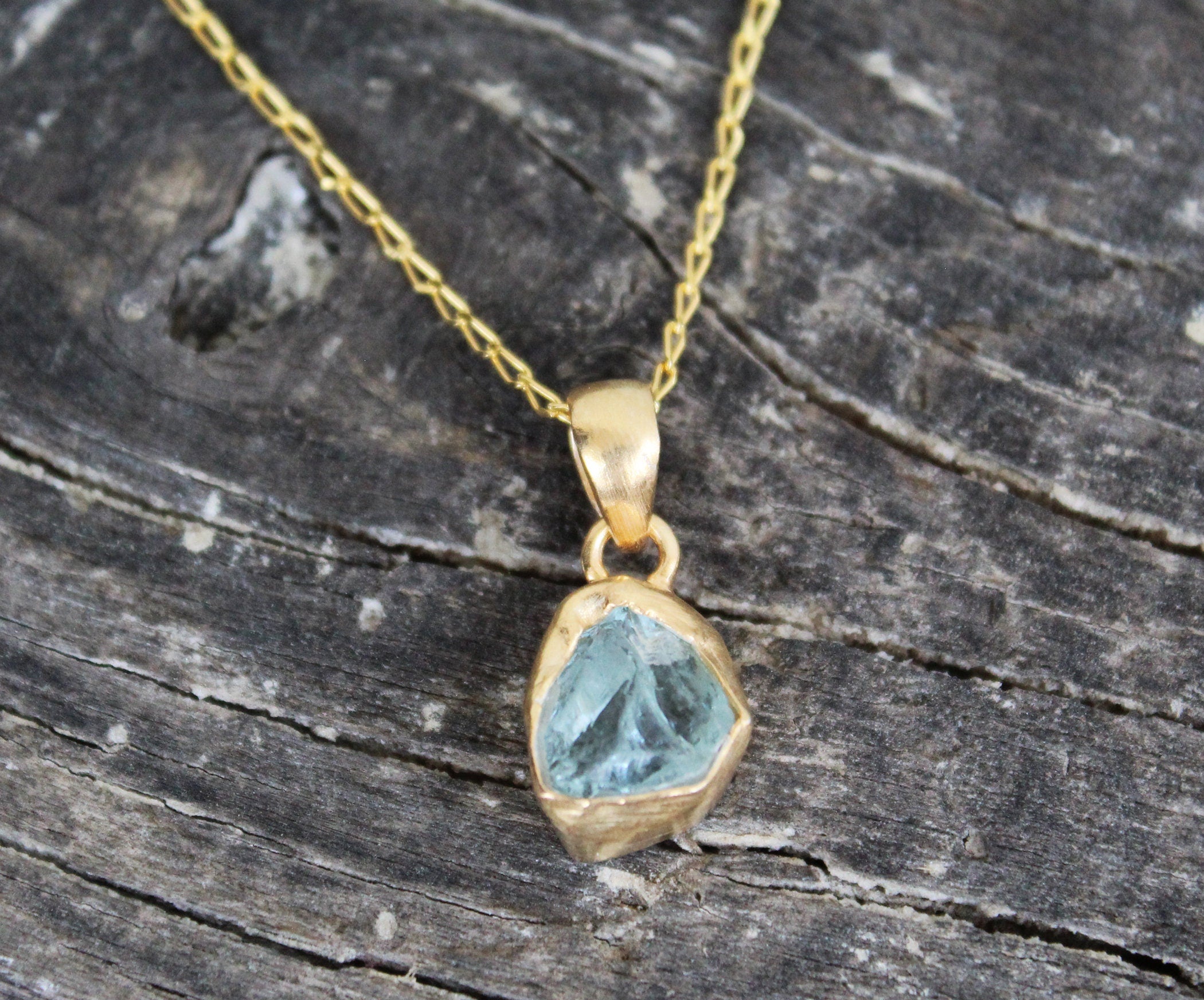Raw Aquamarine Necklace: 18K Gold, March Birthstone, Sterling Silver
