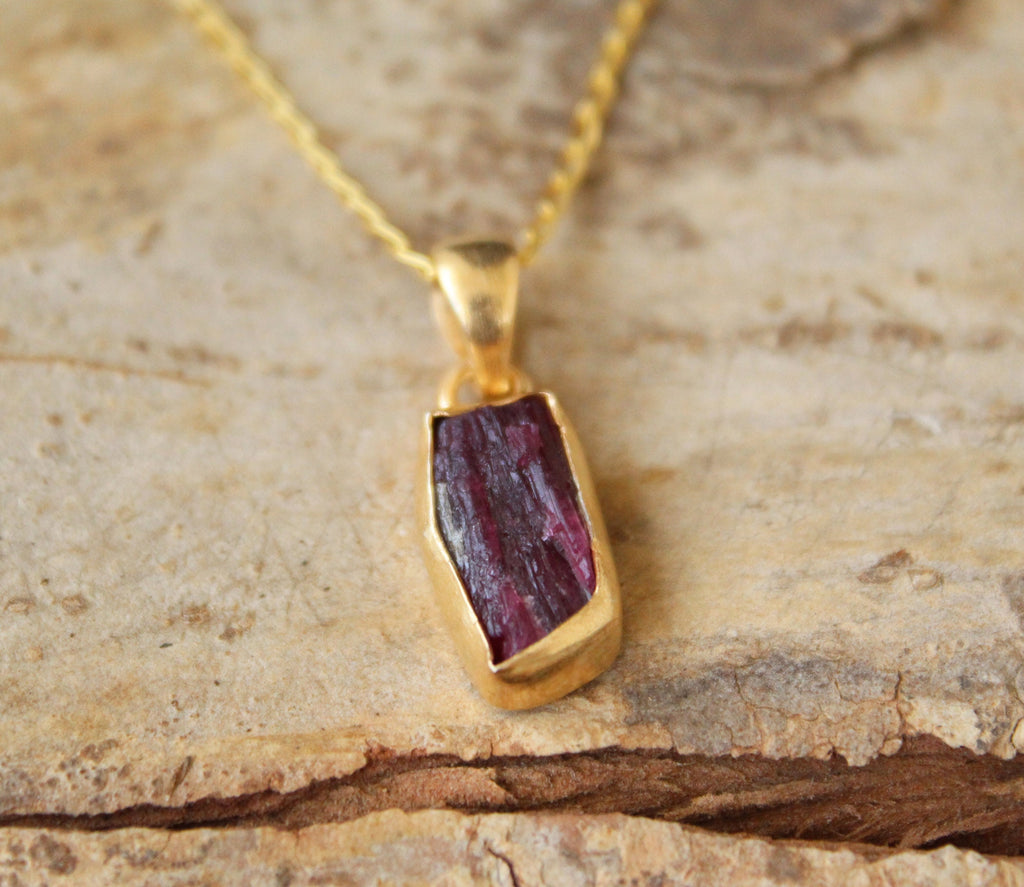 Raw Red Tourmaline Pendant: Sterling Silver Rough Stone Necklace, October Birthstone