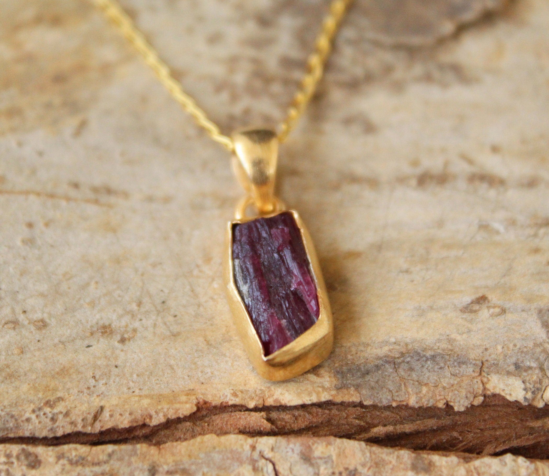 Raw Red Tourmaline Pendant: Sterling Silver Rough Stone Necklace, October Birthstone