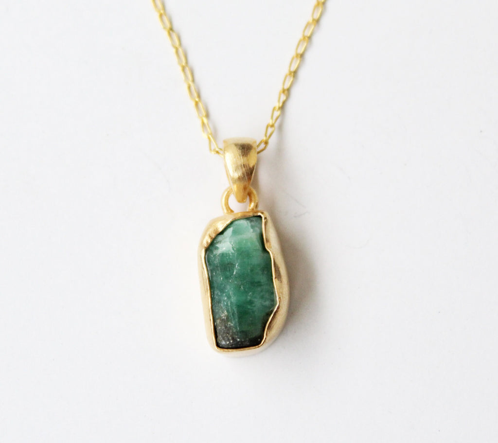 Raw Emerald Pendant Necklace: Sterling Silver, May Birthstone