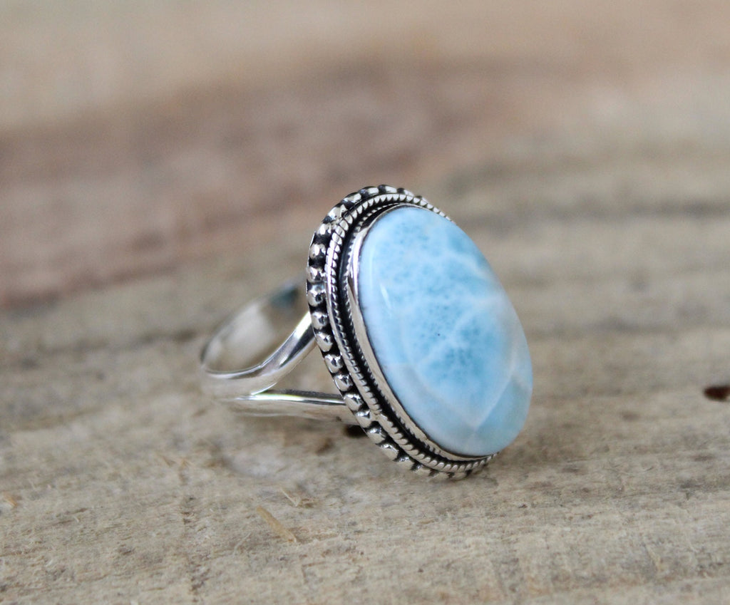 Oval Larimar Ring: Sterling Silver Art Deco Gemstone Ring