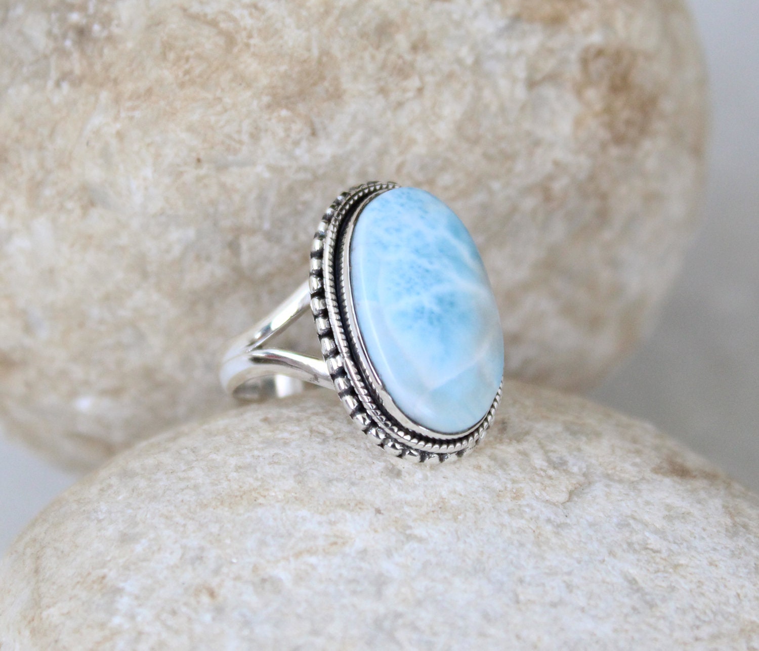 Oval Larimar Ring: Sterling Silver Art Deco Gemstone Ring