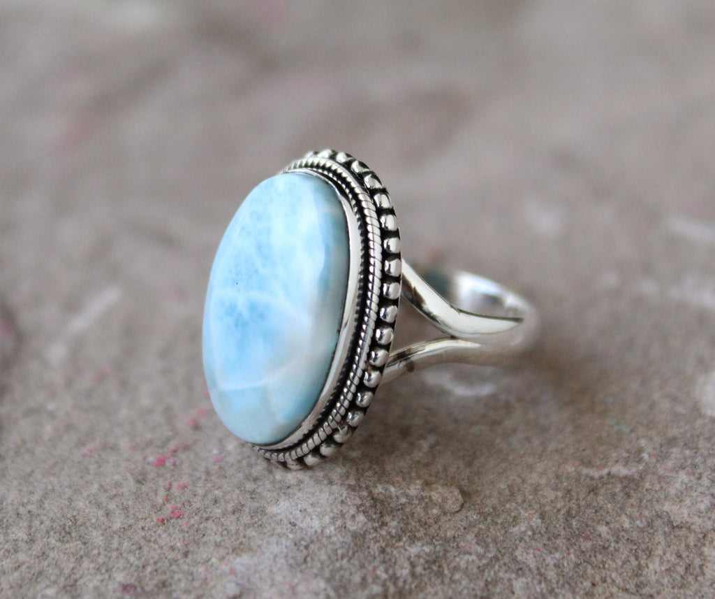 Oval Larimar Ring: Sterling Silver Art Deco Gemstone Ring
