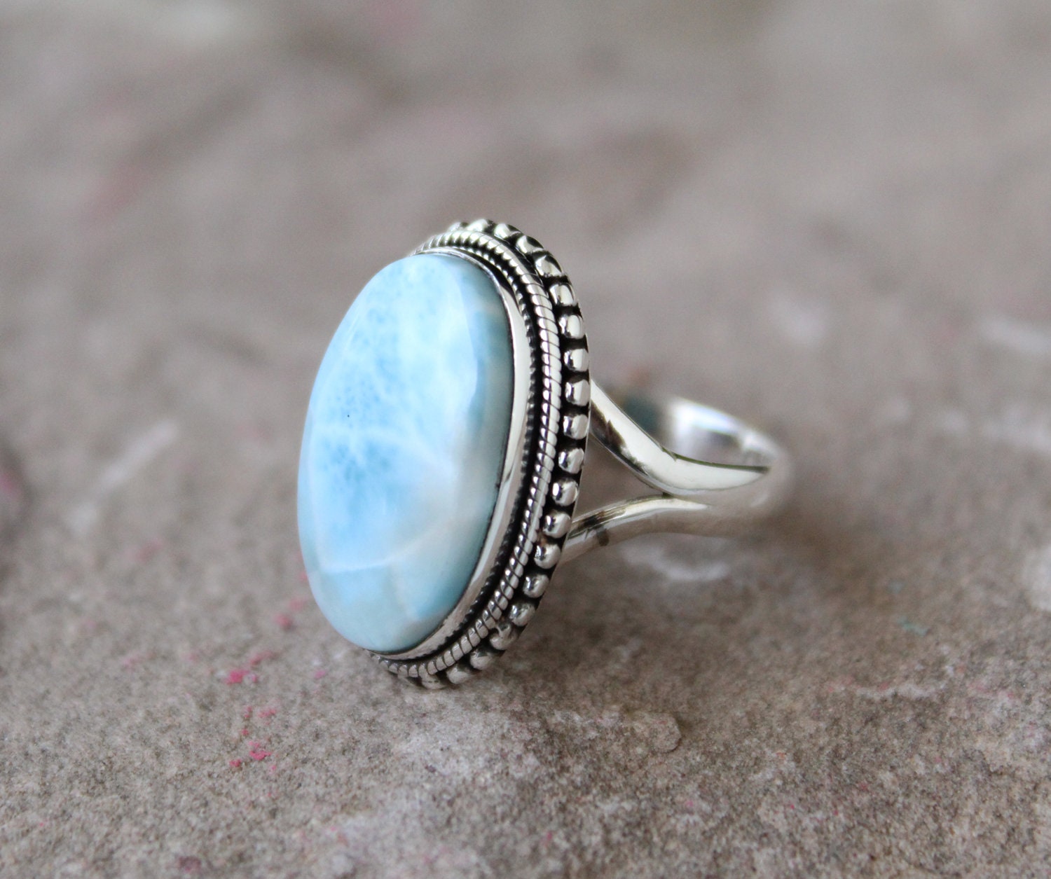 Oval Larimar Ring: Sterling Silver Art Deco Gemstone Ring