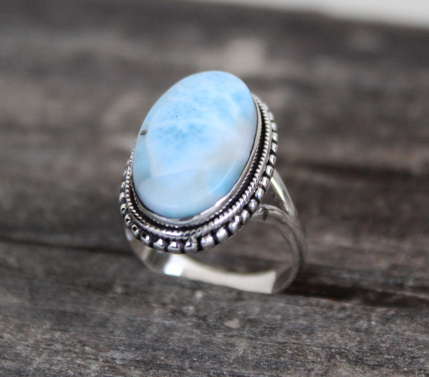 Oval Larimar Ring: Sterling Silver Art Deco Gemstone Ring
