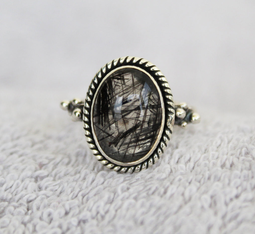 Black Rutile Quartz Ring, Oval Sterling Silver Gemstone Ring, Rutilated Quartz Ring, Handmade Gift for Her