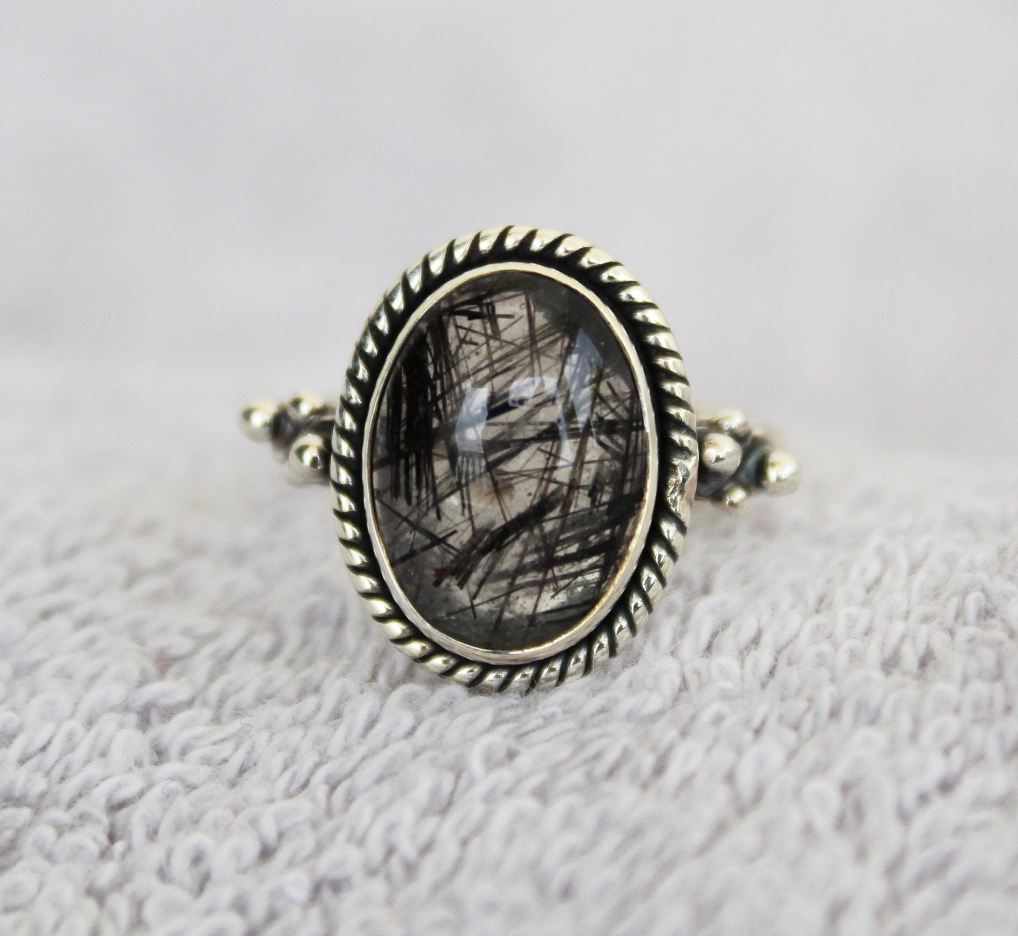 Black Rutile Quartz Ring, Oval Sterling Silver Gemstone Ring, Rutilated Quartz Ring, Handmade Gift for Her