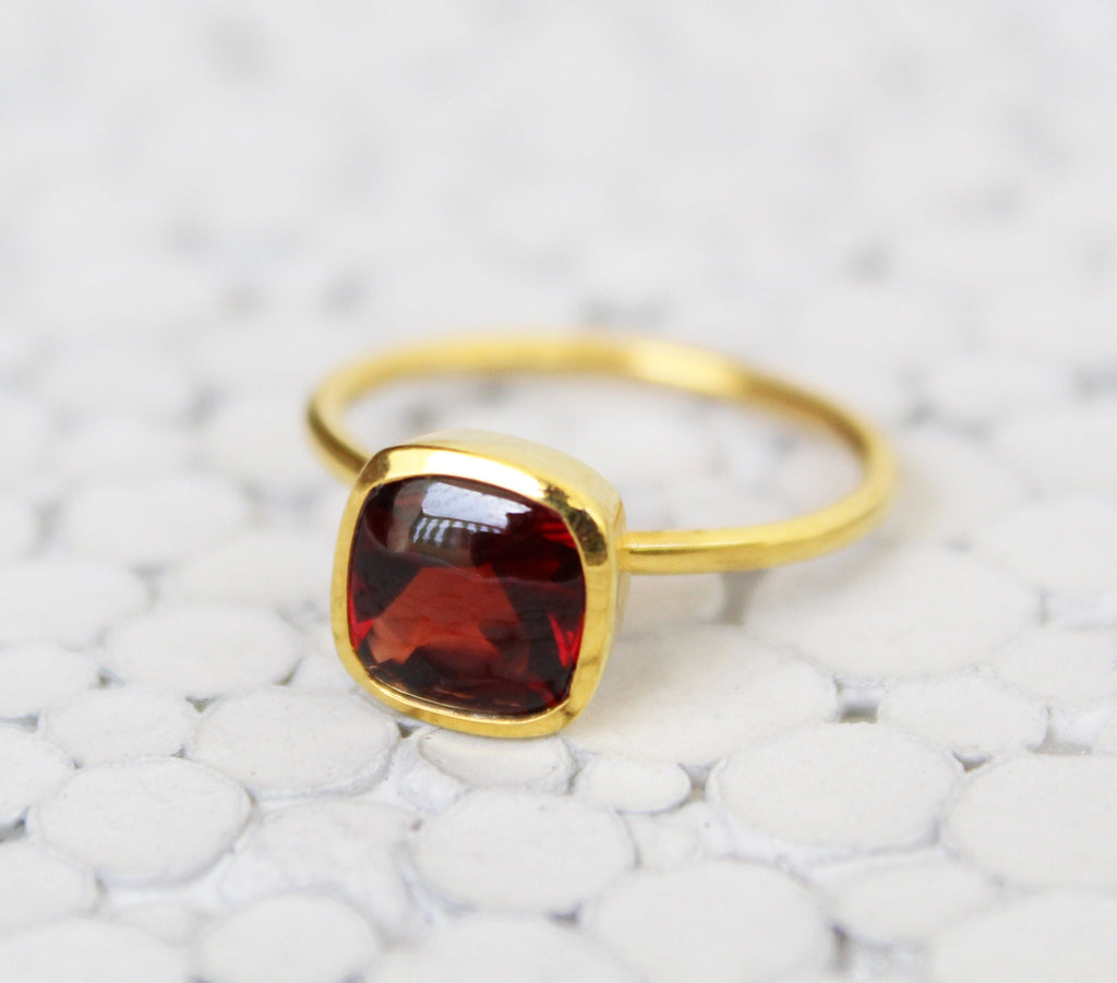 Handmade Cushion Garnet Ring, 18k Gold Plated Sterling Silver, Genuine Red Garnet Signet Ring, Garnet Gemstone Jewelry, Gift Ring