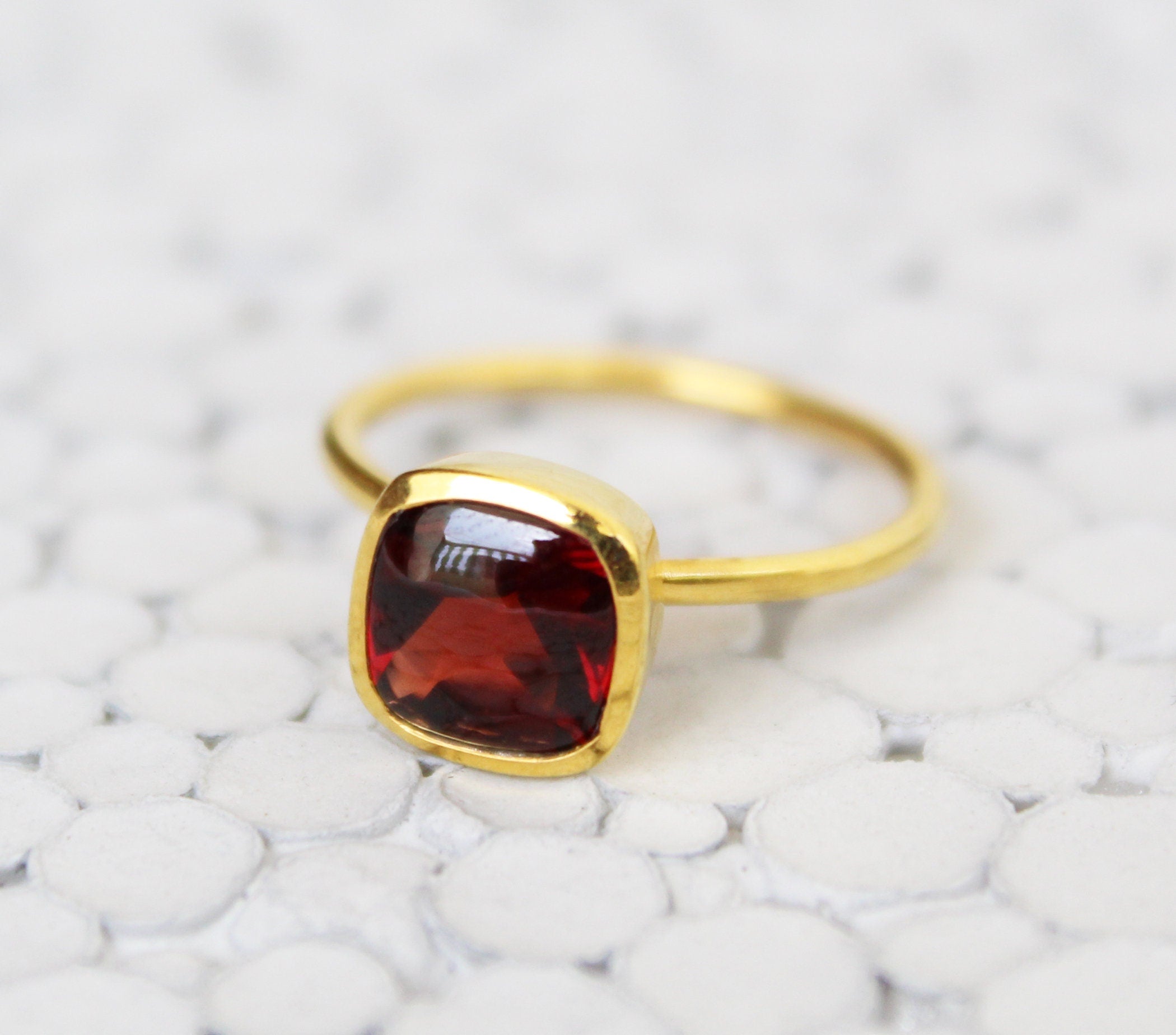 Handmade Cushion Garnet Ring, 18k Gold Plated Sterling Silver, Genuine Red Garnet Signet Ring, Garnet Gemstone Jewelry, Gift Ring