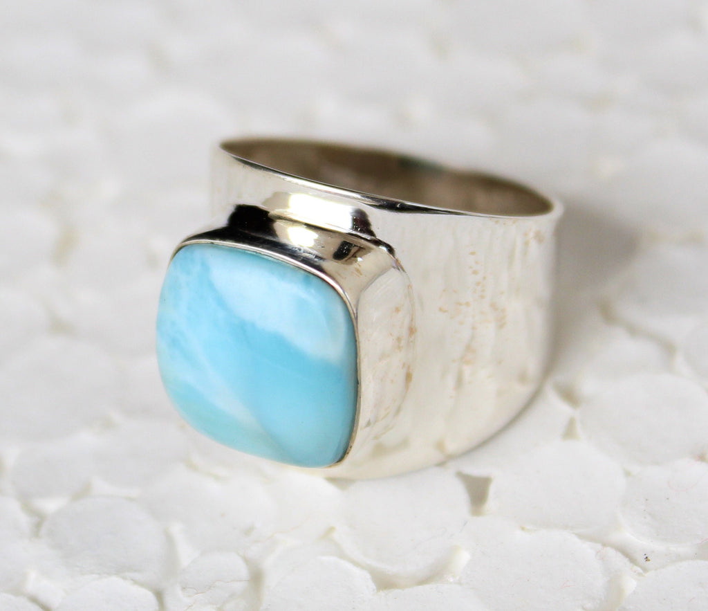 Natural Larimar Ring, Square Cabochon, Sterling Silver Ring for Women, Bohemian Jewelry Boho, Blue Gemstone