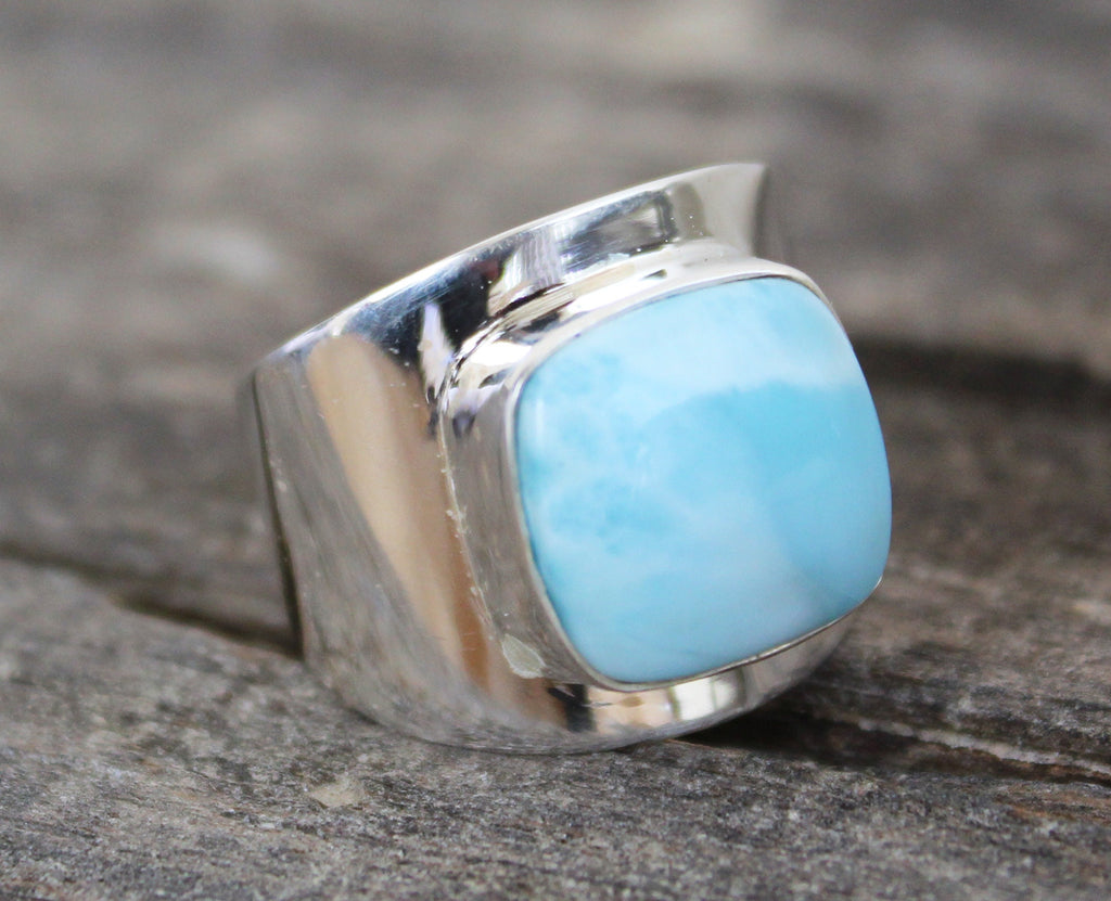 Natural Larimar Ring, Square Cabochon, Sterling Silver Ring for Women, Bohemian Jewelry Boho, Blue Gemstone