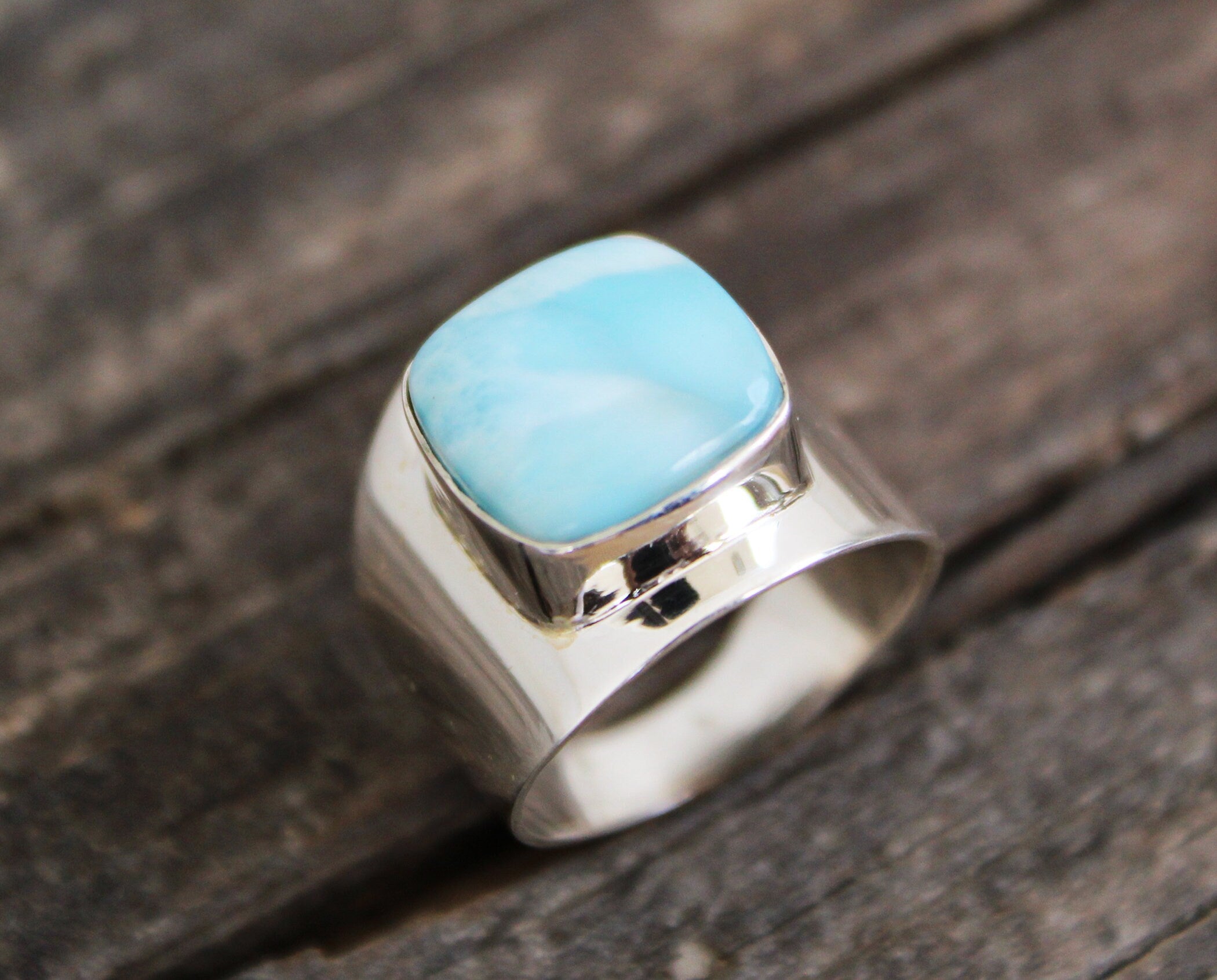 Natural Larimar Ring, Square Cabochon, Sterling Silver Ring for Women, Bohemian Jewelry Boho, Blue Gemstone