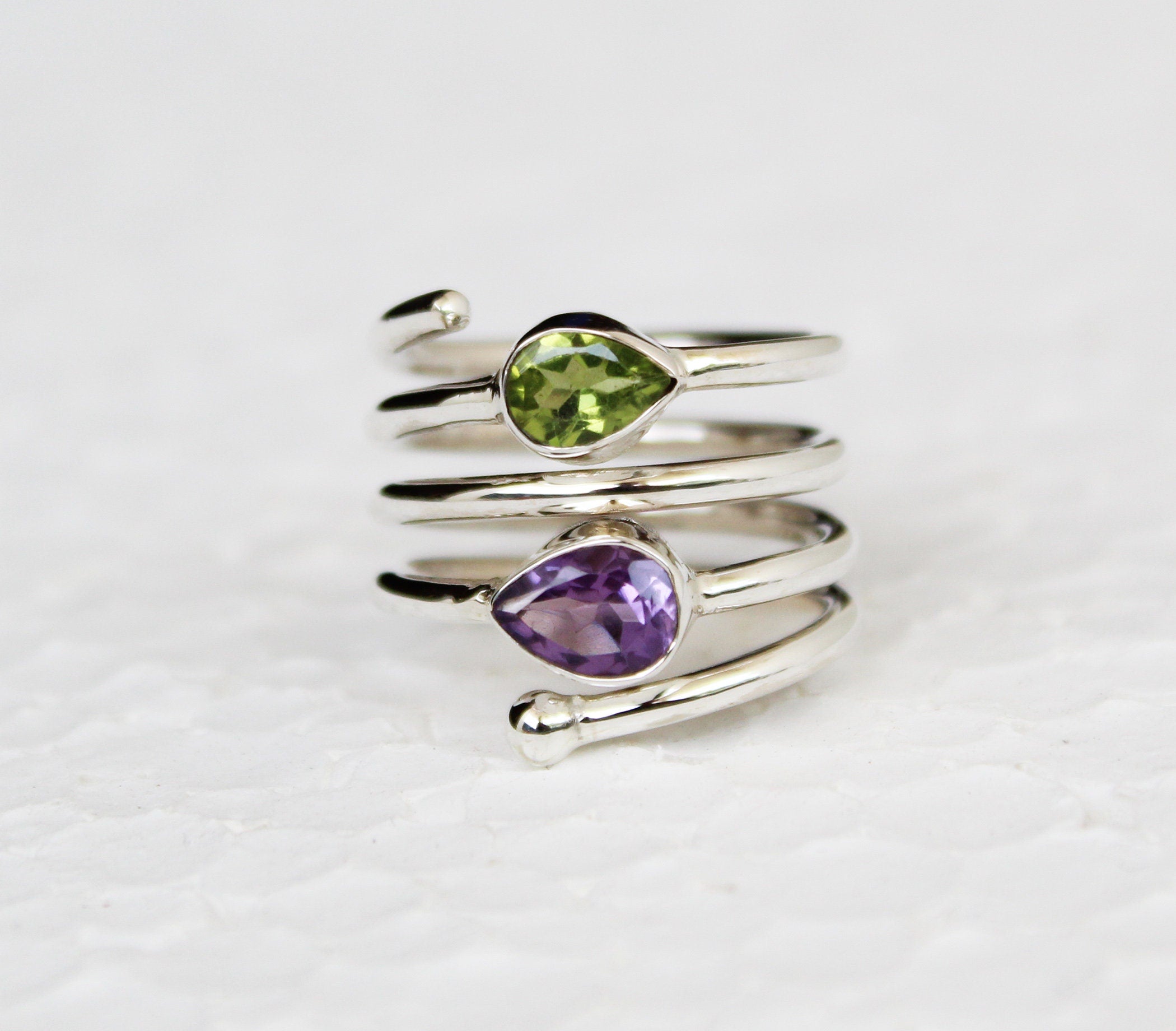 Amethyst Ring, Sterling Silver Spiral Ring, Multi Stone, Feburary August Birthstone, Natural Peridot Sterling Silver Ring