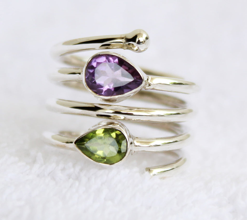 Amethyst Ring, Sterling Silver Spiral Ring, Multi Stone, Feburary August Birthstone, Natural Peridot Sterling Silver Ring