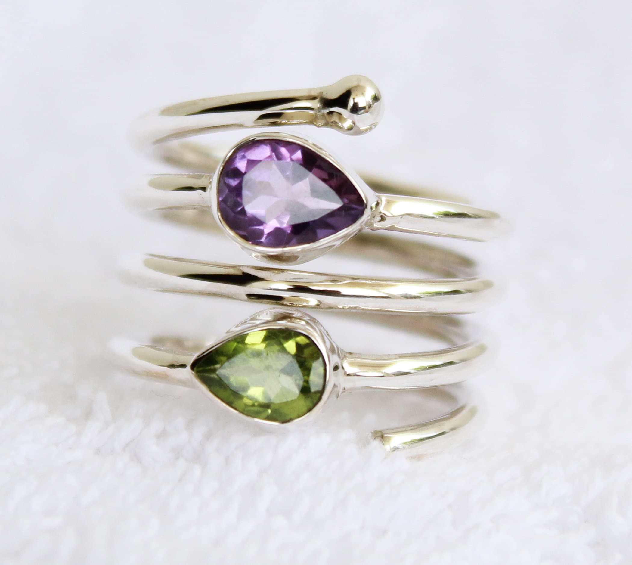 Amethyst Ring, Sterling Silver Spiral Ring, Multi Stone, Feburary August Birthstone, Natural Peridot Sterling Silver Ring