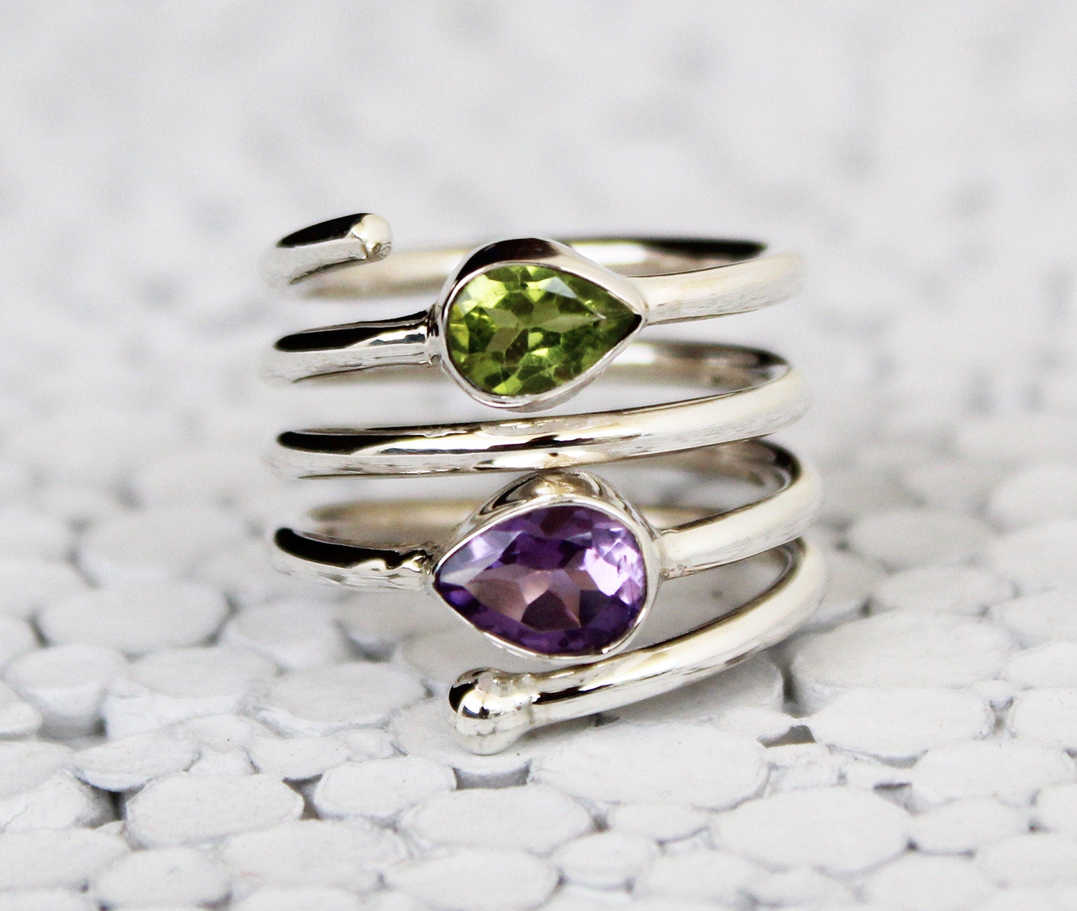 Amethyst Ring, Sterling Silver Spiral Ring, Multi Stone, Feburary August Birthstone, Natural Peridot Sterling Silver Ring