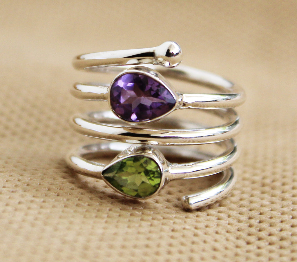 Amethyst Ring, Sterling Silver Spiral Ring, Multi Stone, Feburary August Birthstone, Natural Peridot Sterling Silver Ring