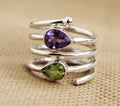 Amethyst Ring, Sterling Silver Spiral Ring, Multi Stone, Feburary August Birthstone, Natural Peridot Sterling Silver Ring