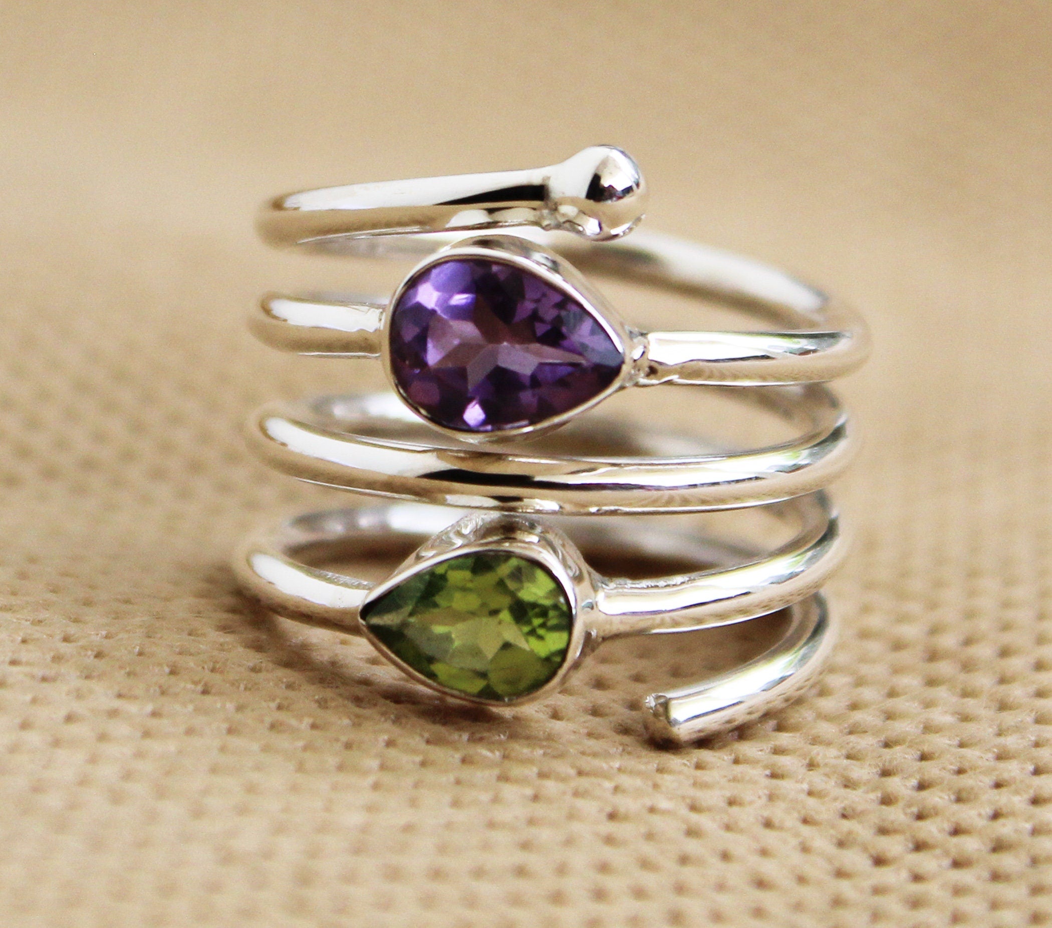 Amethyst Ring, Sterling Silver Spiral Ring, Multi Stone, Feburary August Birthstone, Natural Peridot Sterling Silver Ring