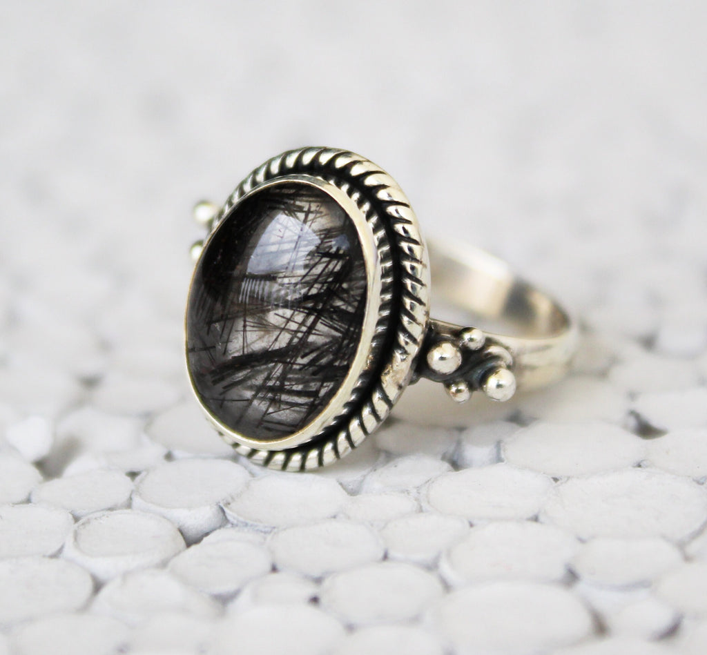 Black Rutile Quartz Ring, Oval Sterling Silver Gemstone Ring, Rutilated Quartz Ring, Handmade Gift for Her