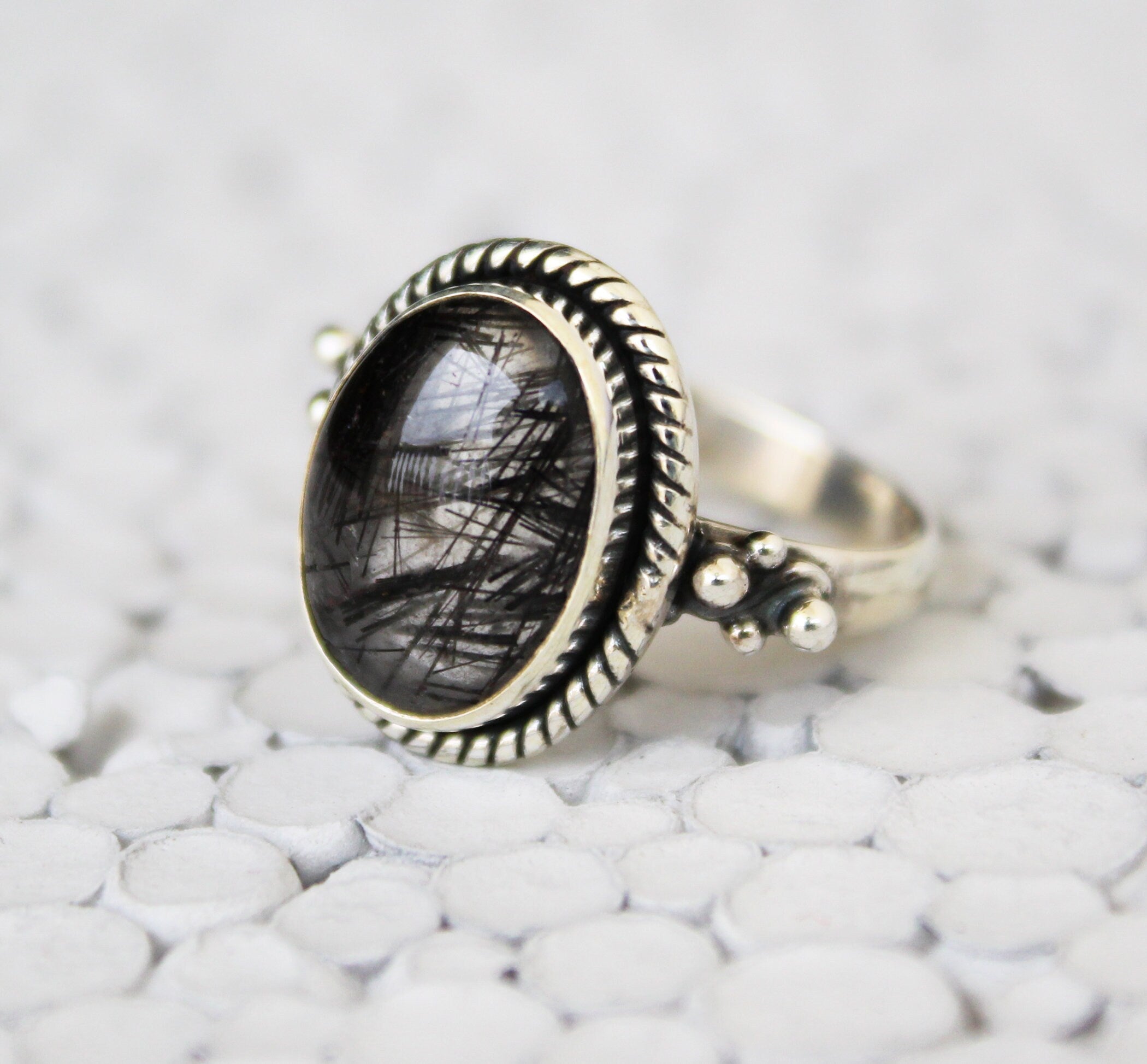 Black Rutile Quartz Ring, Oval Sterling Silver Gemstone Ring, Rutilated Quartz Ring, Handmade Gift for Her