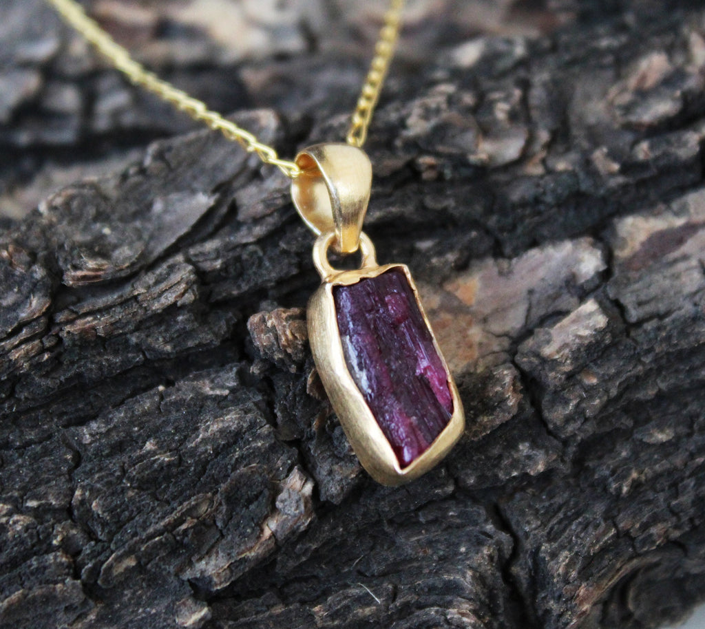 Raw Red Tourmaline Pendant: Sterling Silver Rough Stone Necklace, October Birthstone