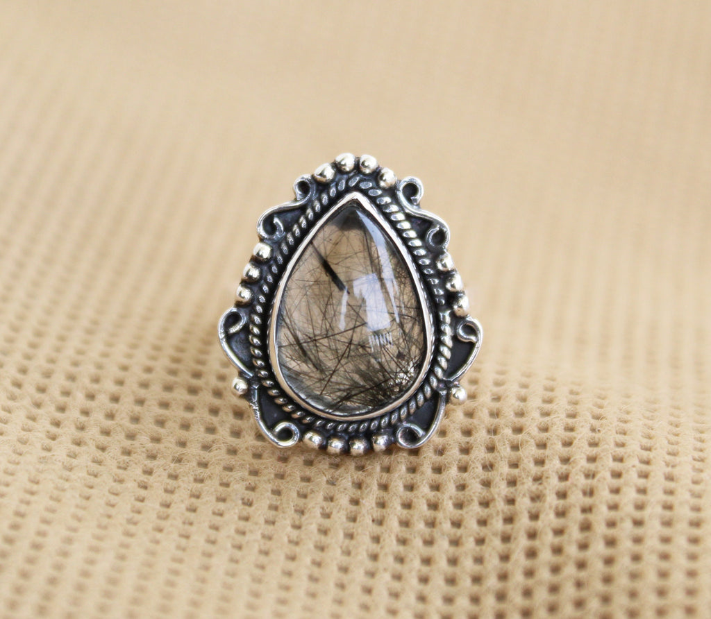 Sterling Silver Black Rutile Quartz Ring, Handmade Gemstone Jewelry, Tourmalated Black Rutile Quartz Ring 925 Sterling Silver Ring