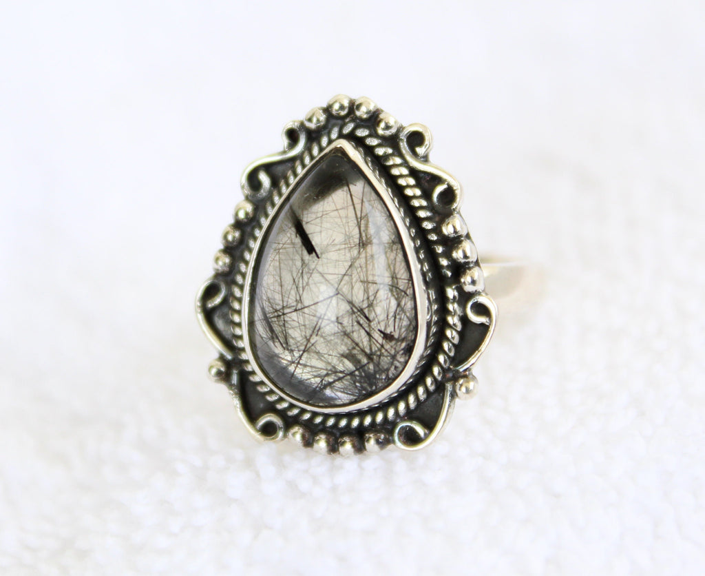 Sterling Silver Black Rutile Quartz Ring, Handmade Gemstone Jewelry, Tourmalated Black Rutile Quartz Ring 925 Sterling Silver Ring