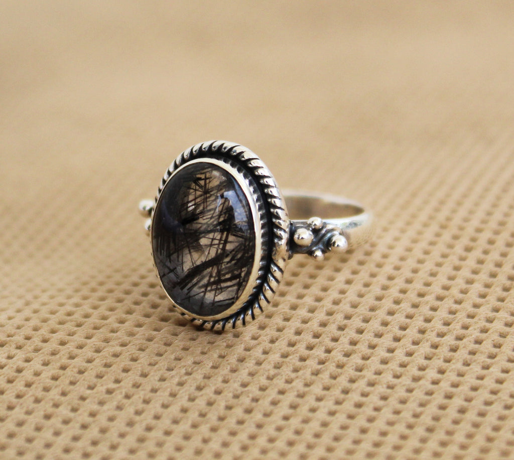 Black Rutile Quartz Ring, Oval Sterling Silver Gemstone Ring, Rutilated Quartz Ring, Handmade Gift for Her