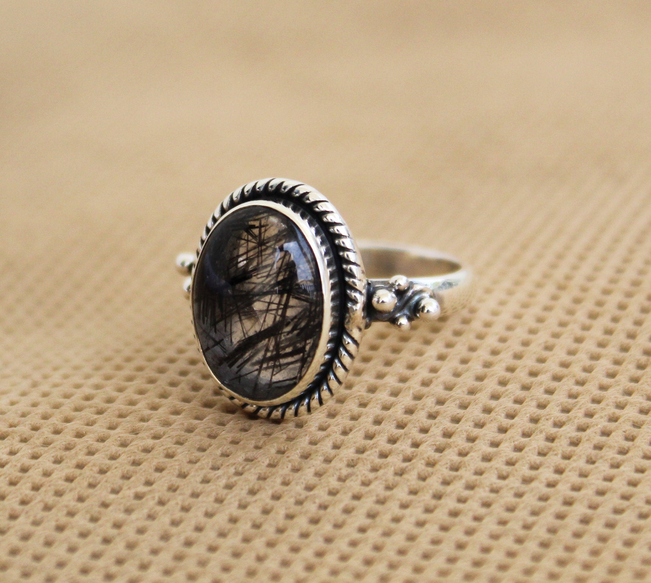 Black Rutile Quartz Ring, Oval Sterling Silver Gemstone Ring, Rutilated Quartz Ring, Handmade Gift for Her