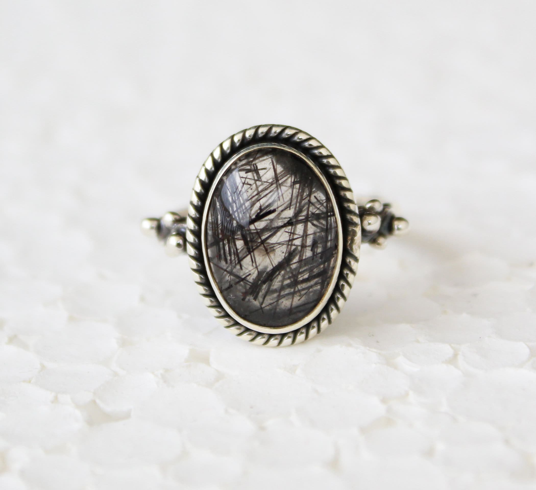 Black Rutile Quartz Ring, Oval Sterling Silver Gemstone Ring, Rutilated Quartz Ring, Handmade Gift for Her