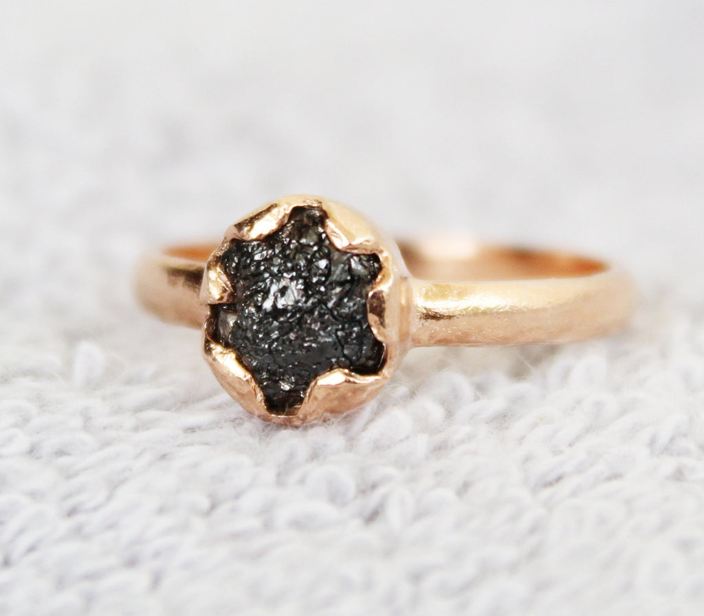 Natural Raw Black Diamond 925 Sterling Silver Ring, Engagement Gift, Gift for Mom, 14K Gold Vermiel, april birthstone