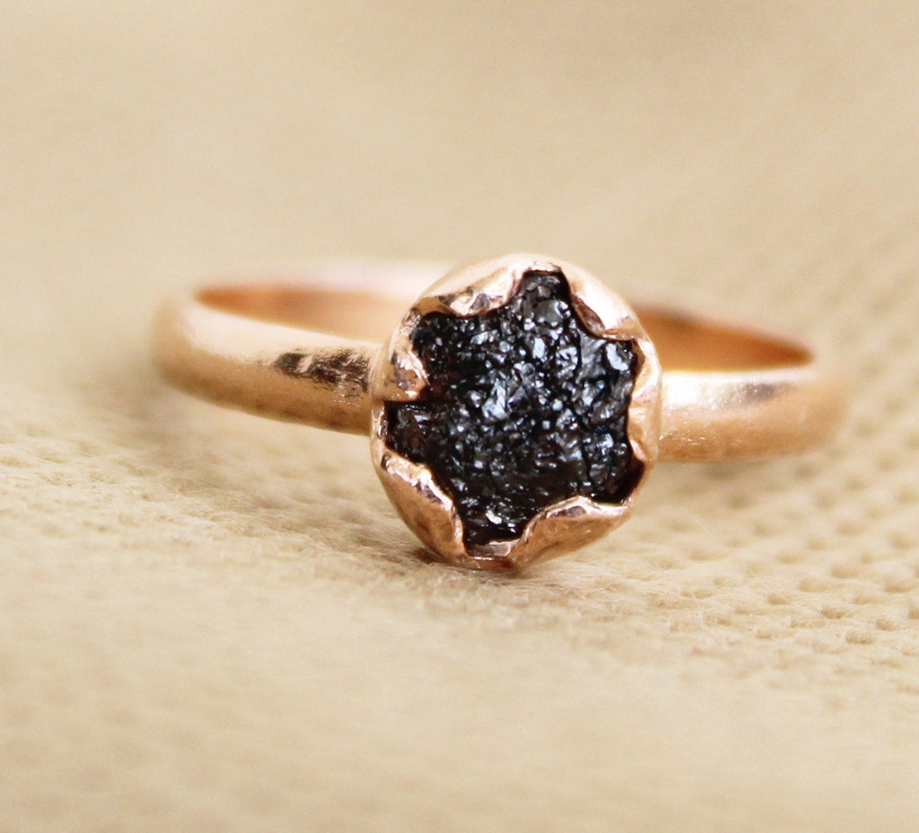 Natural Raw Black Diamond 925 Sterling Silver Ring, Engagement Gift, Gift for Mom, 14K Gold Vermiel, april birthstone
