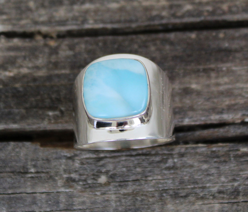 Natural Larimar Ring, Square Cabochon, Sterling Silver Ring for Women, Bohemian Jewelry Boho, Blue Gemstone