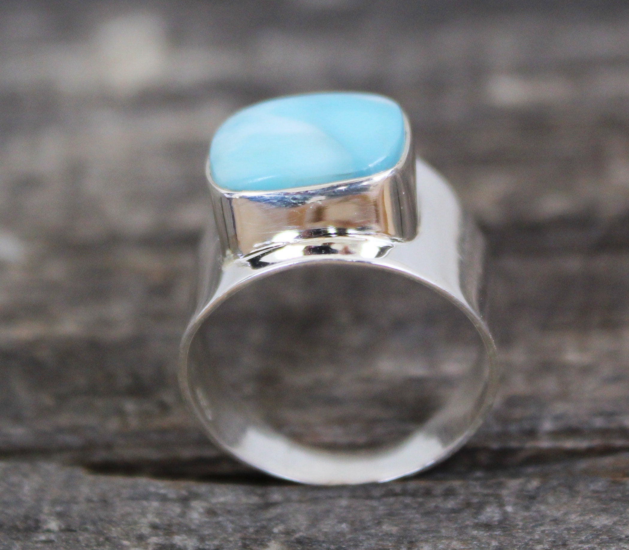 Natural Larimar Ring, Square Cabochon, Sterling Silver Ring for Women, Bohemian Jewelry Boho, Blue Gemstone